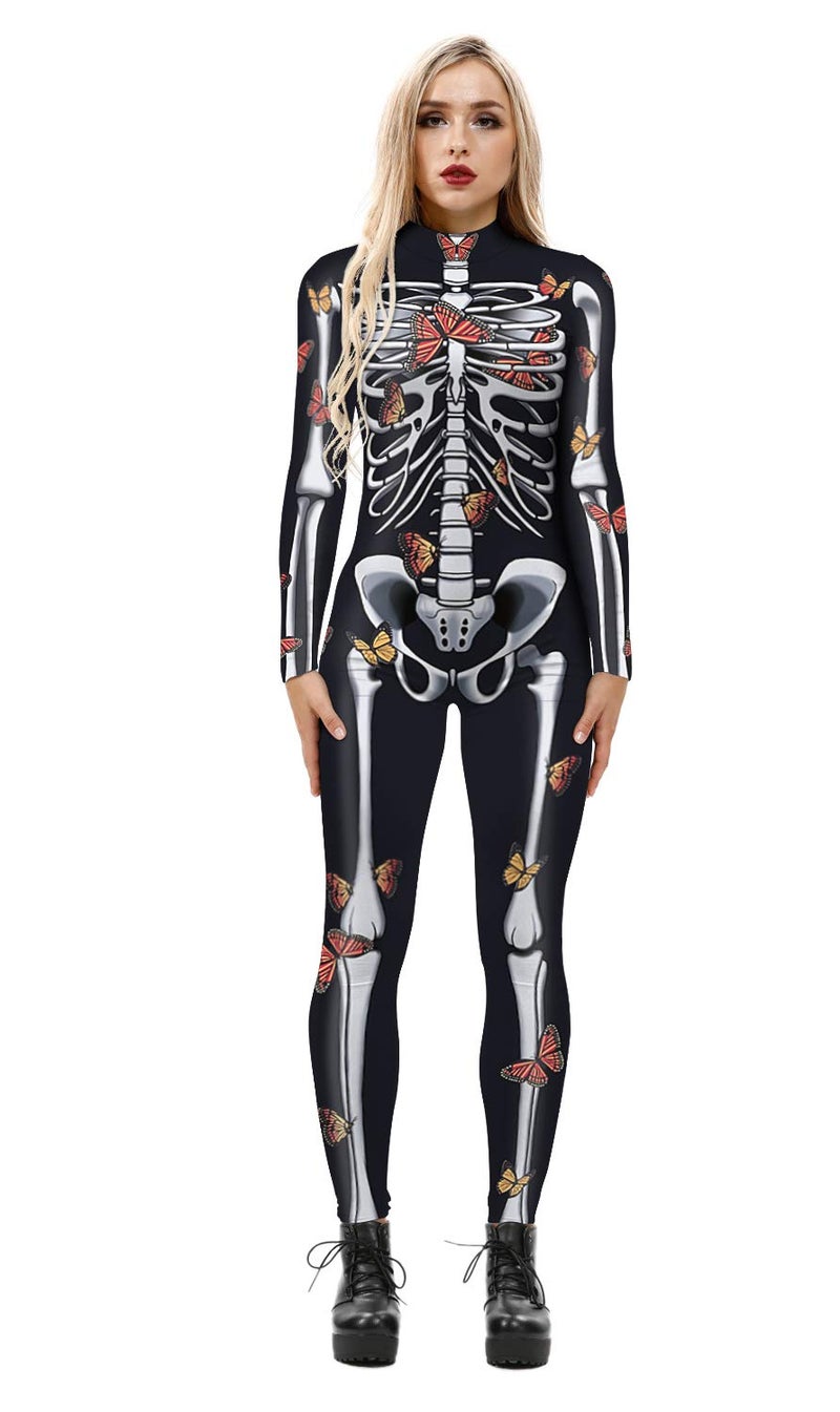 URVIP Women Halloween Skeleton Costume Stretch Skinny Catsuit Jumpsuit Bodysuit BAX-105 L - Image 1